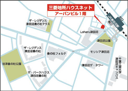 【店舗地図】　JR総武線「津田沼」駅 南口より徒歩２分