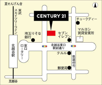 店舗地図　北越谷駅東口駅前通りの1つ目の信号を左に曲がって右手側すぐにございます。