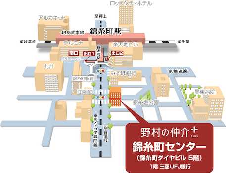 錦糸町駅南口より徒歩４分、１階が三菱ＵＦＪ銀行のビルの５階です。