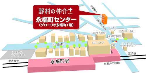 永福町駅から徒歩２分、北口から井の頭通りを渡り、永福北口商店街を入った右側のマンションの１階部分です。