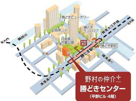 都営大江戸線「勝どき」駅 2分、清澄通りに面した月島第二児童公園の隣のビル4階です。