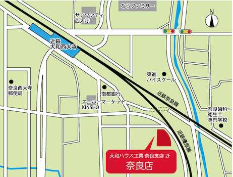 近鉄難波・奈良線「大和西大寺」駅より徒歩5分。お客様用駐車場もございますので、お車でも安心してお越しいただけます。