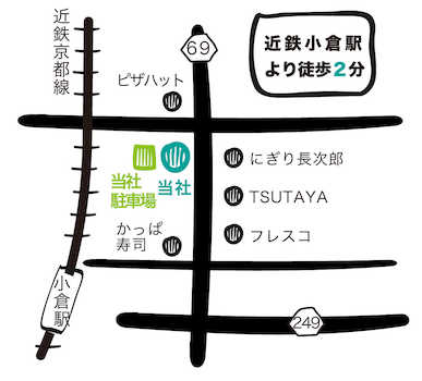 近鉄京都線小倉駅東側出口より徒歩2分です！！府道69号線(旧24号線)沿いのにぎり長次郎さんとＴＳＵＴＡＹＡさんが目印です。賃貸マンションの1階部分にございます！白い看板です！