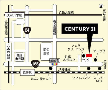オークワ醍醐店さんの隣です。国道１６５号線「ＪＲ畝傍駅」から桜井方面に約１ｋｍの位置にございます。ノムラクリーニングさんの入っているテナントの１階です。