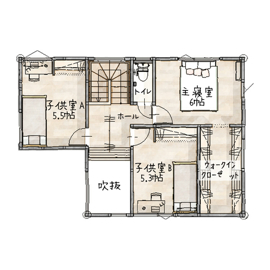 新潟市東区船江町モデルハウス『こんなお家がほしかった！子育てしやすい間取りとスッキリ収納が叶う家』の間取り図(2階)
