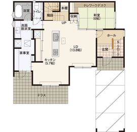 【鹿沼市上野町】「注文住宅をもっと身近に」造作キッチンに家族が集うリアルサイズのモデルハウスの間取り図(1階)