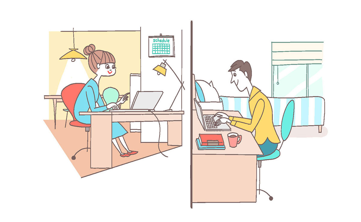 テレワークをそれぞれの個室でしているカップルのイラスト