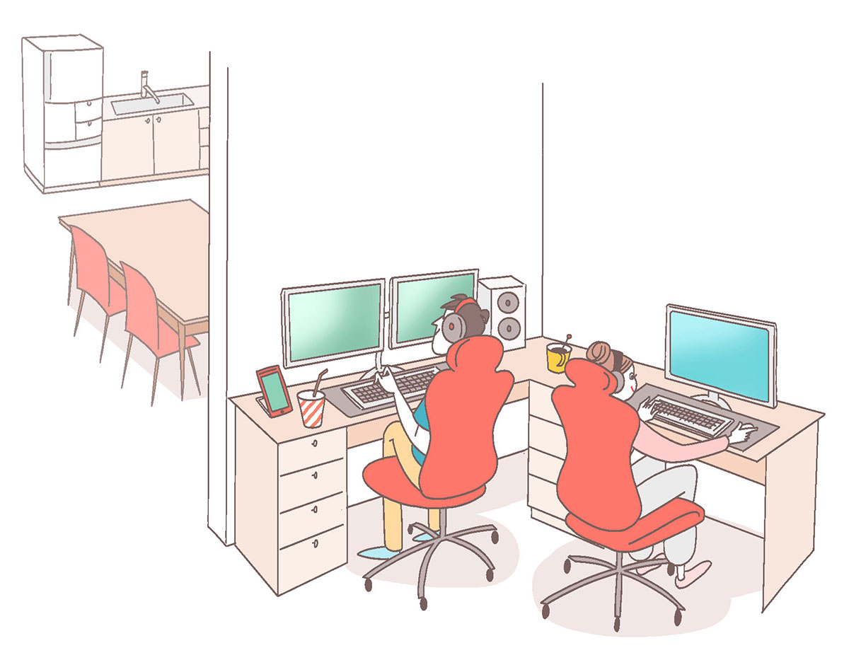 趣味のパソコンゲームを二人で楽しむカップルの様子