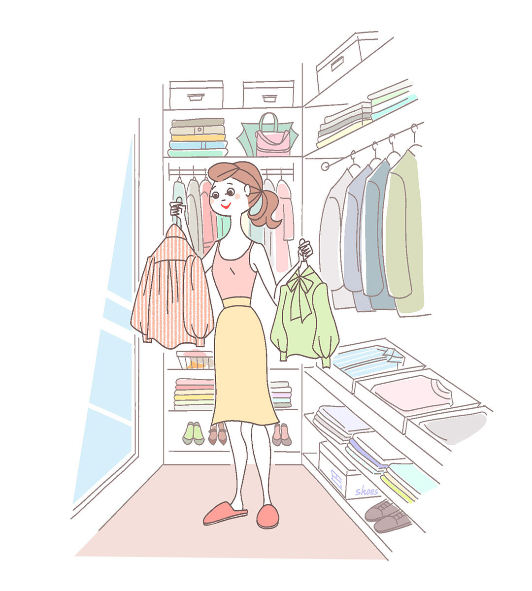 仕事着の洋服を収納するウォークインクローゼットの中のイラスト