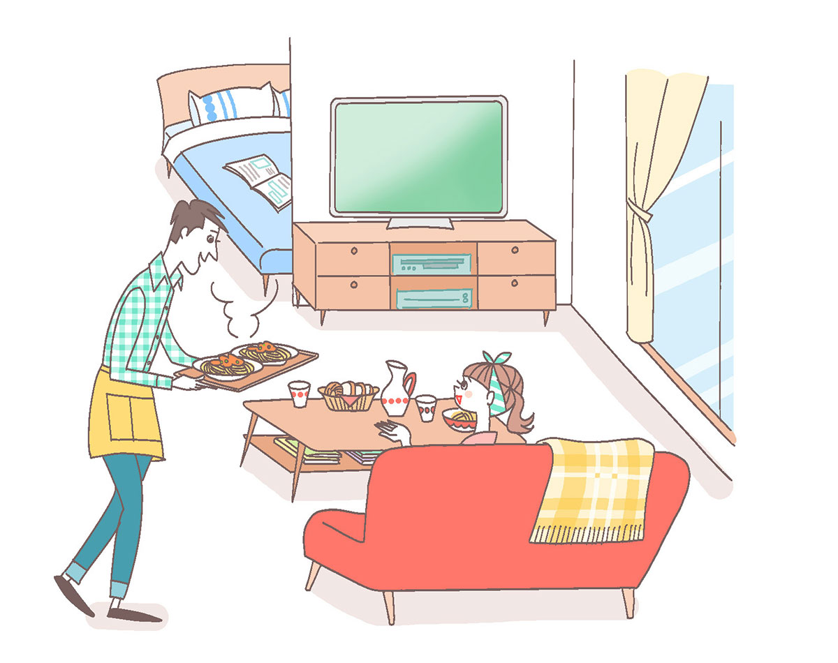 ローテーブルでカップルが食事をするイラスト