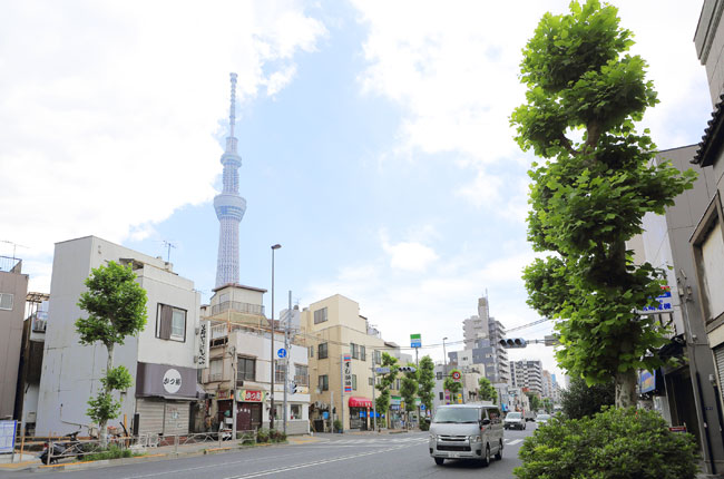 そびえたつ東京スカイツリー。周辺の街からは、いつでもその姿を仰ぎ見ることができます