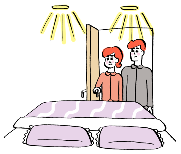 間取りの失敗。寝室の照明に調光をつけなかったので、寝る前眩しいことに落胆する夫婦のイラスト