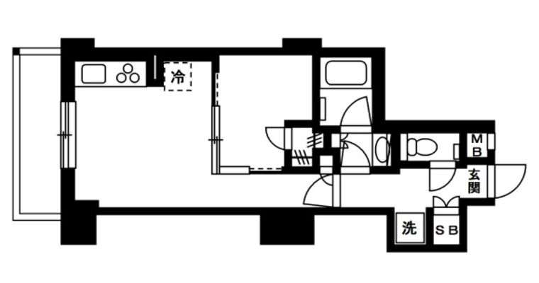 中央に寝室がある1LDKの間取り