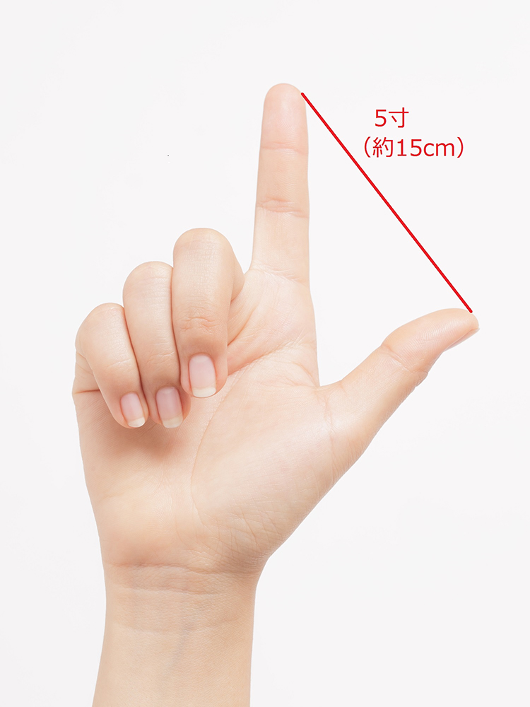 「尺」の半分のサイズにあたる親指と人さし指を広げたサイズをあらわすイメージ