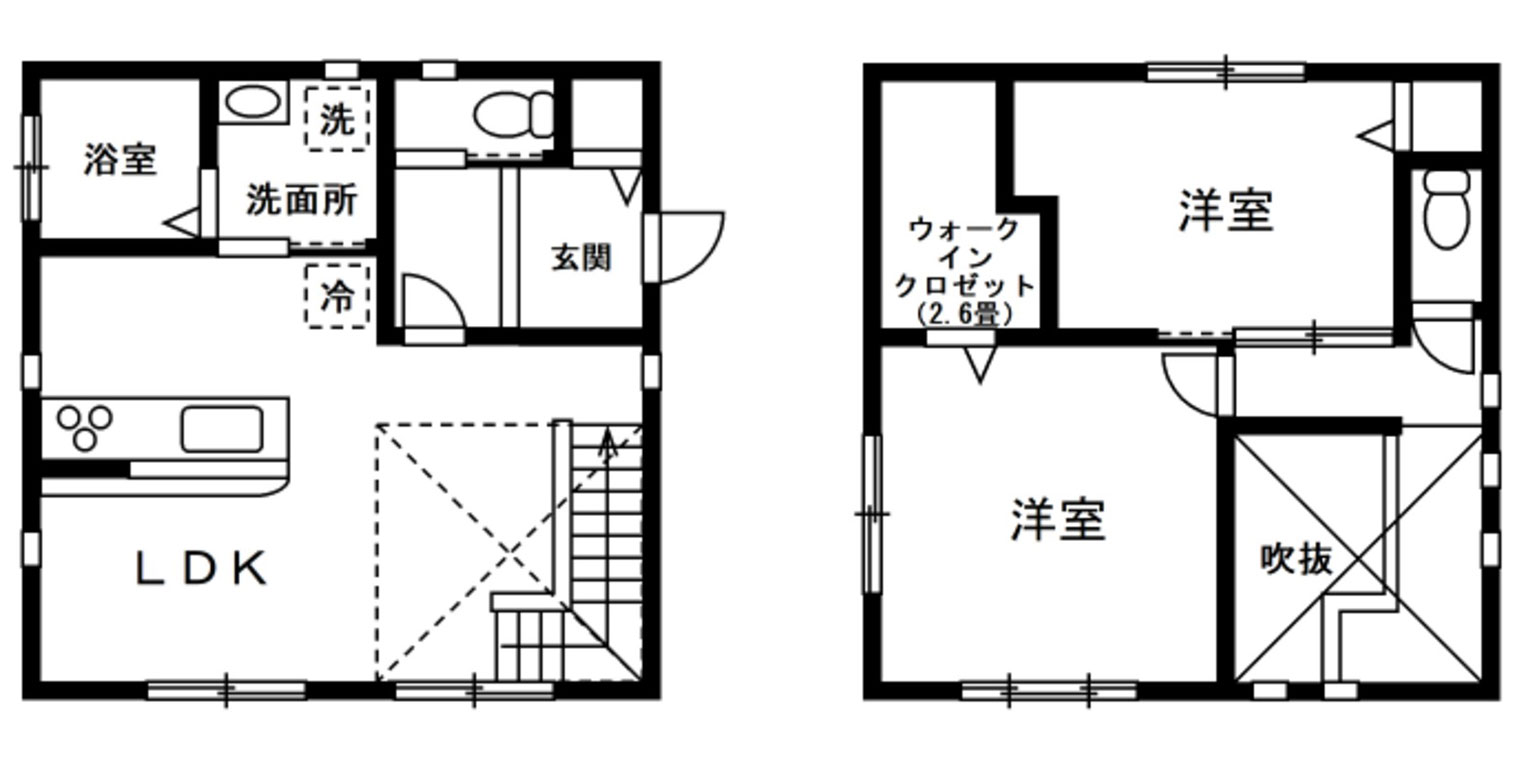 一人暮らし用一軒家（2階建て）の間取図