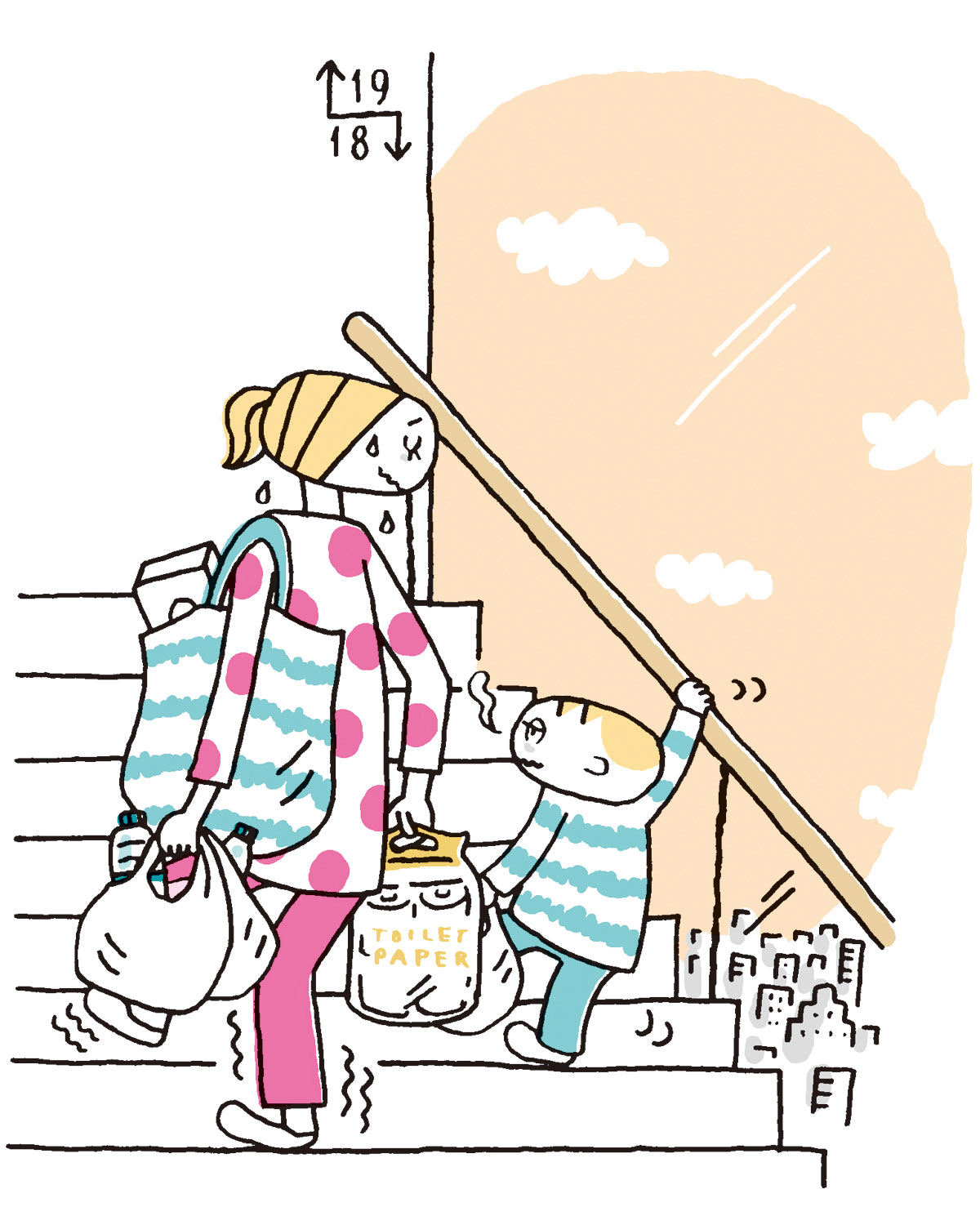 災害時に停電をするとエレベーターが使えず、上り下りが大変になるイメージ