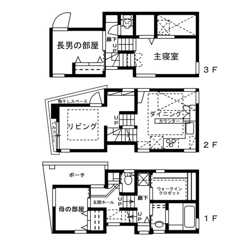 都市型2世帯住宅の断面図と間取図