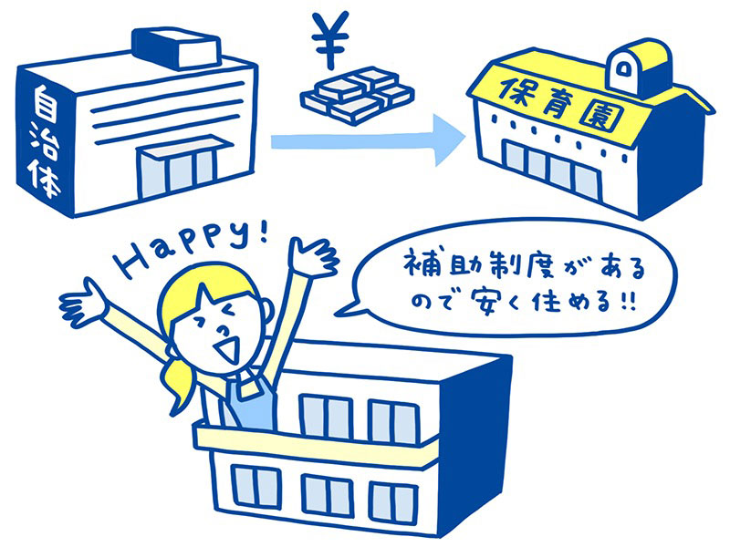自治体が保育園に助成金を支払い、保育園が借り上げ社宅を用意する制度があるイラスト