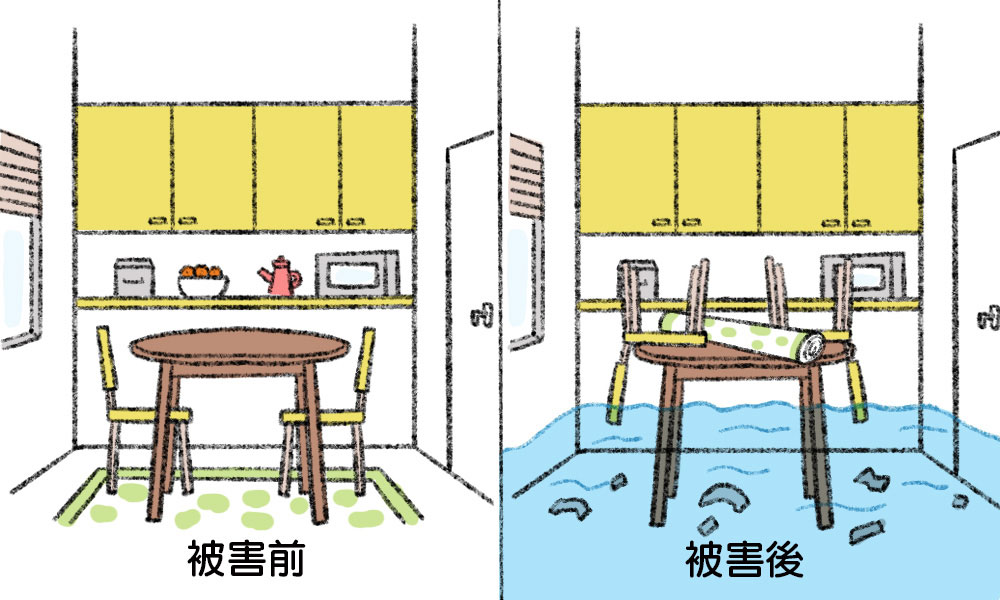水害被害前後の室内のイラスト
