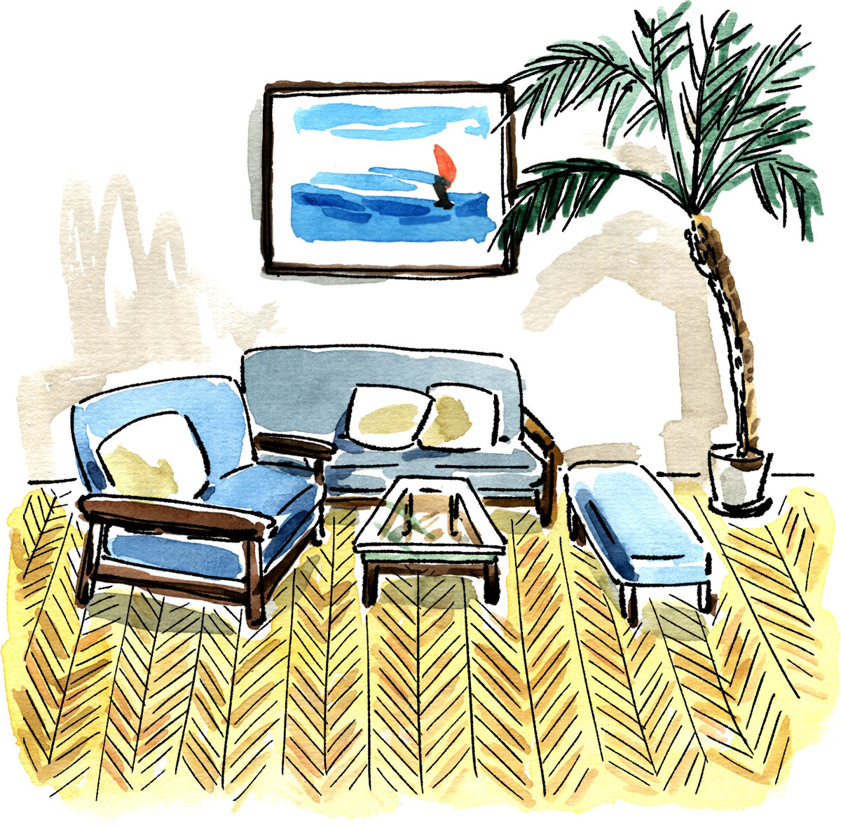 床材がヘリンボーン張りされた西海岸インテリアの部屋