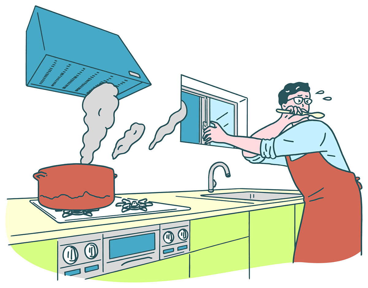 換気扇と小窓を設けた壁付けキッチンのイメージ