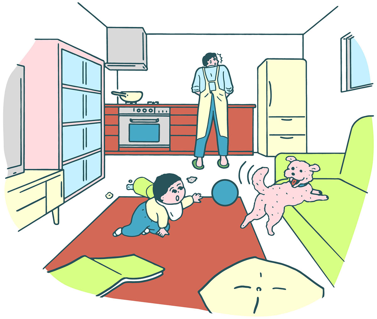 壁付けキッチン内に入る子どもとペット