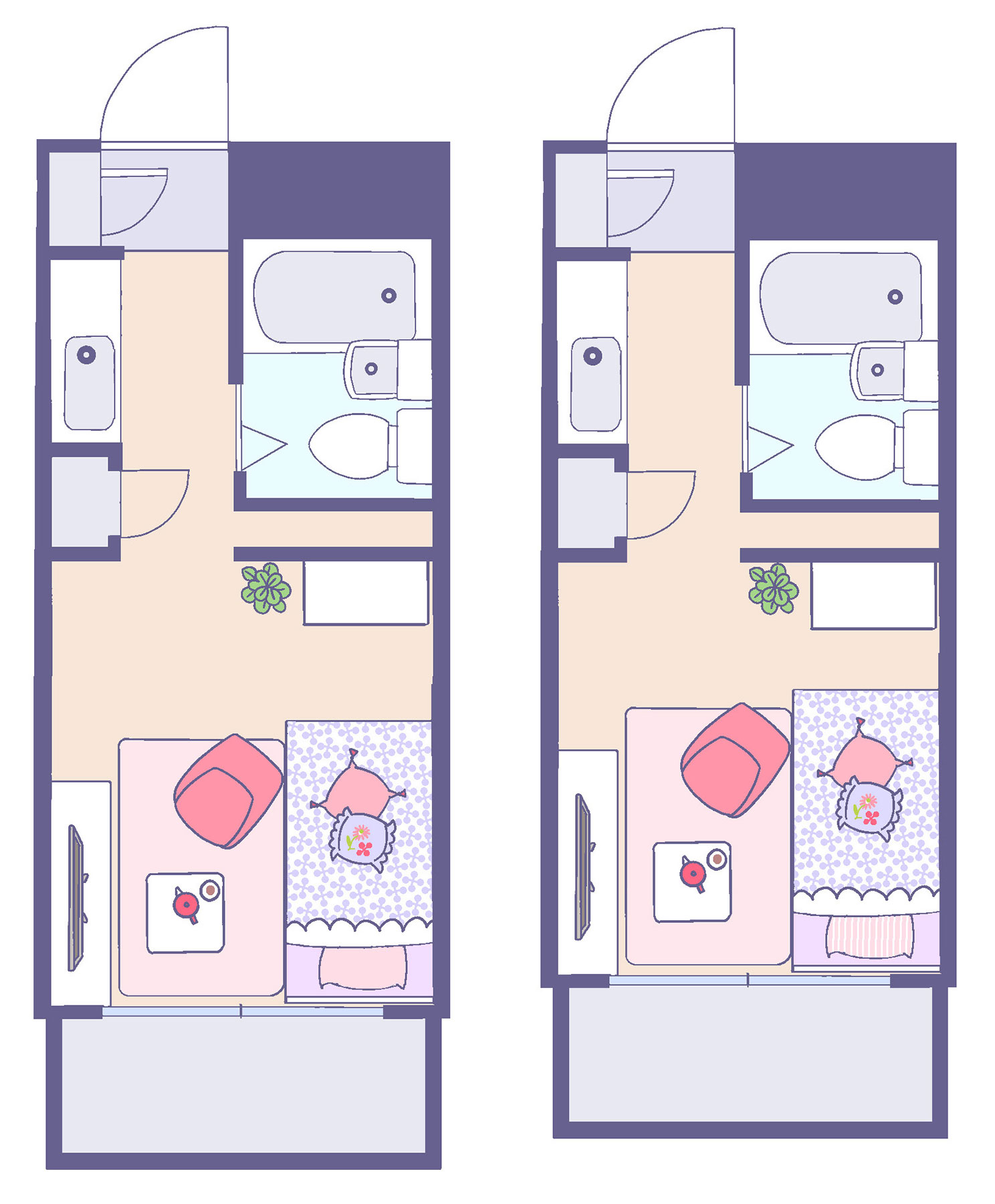 4畳の部屋を（右）を5畳にして、シングルベッドを置いた例（左）