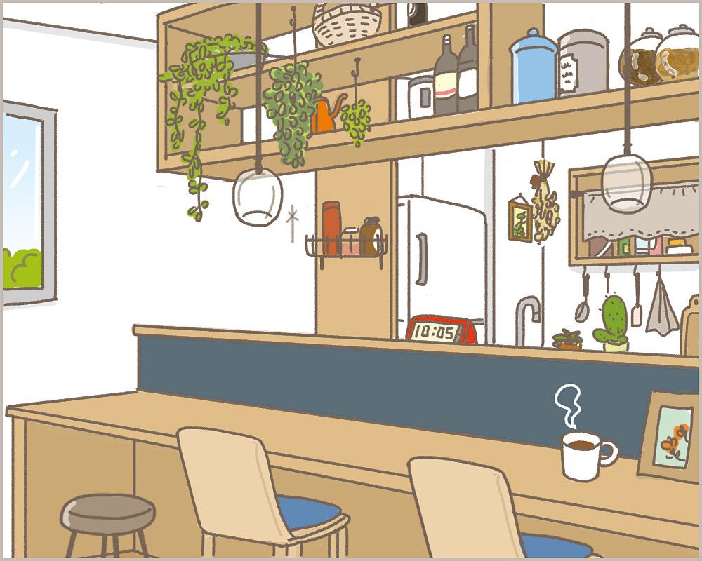 カフェ風インテリアキッチンのイラスト