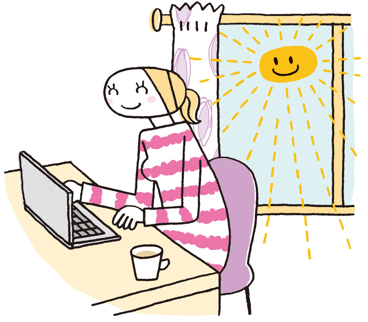 日当たりのいいぽかぽか暖かい部屋で仕事をしている女性