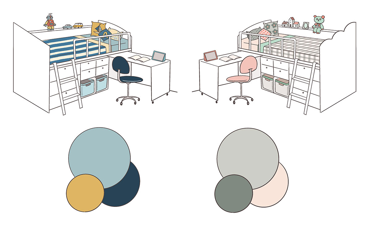 ベーシックカラーとアクセントカラーを反対色でまとめた子供の部屋のイラスト