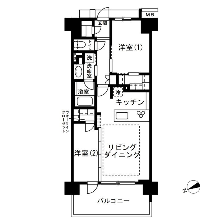 2LDKのマンションの間取りの例