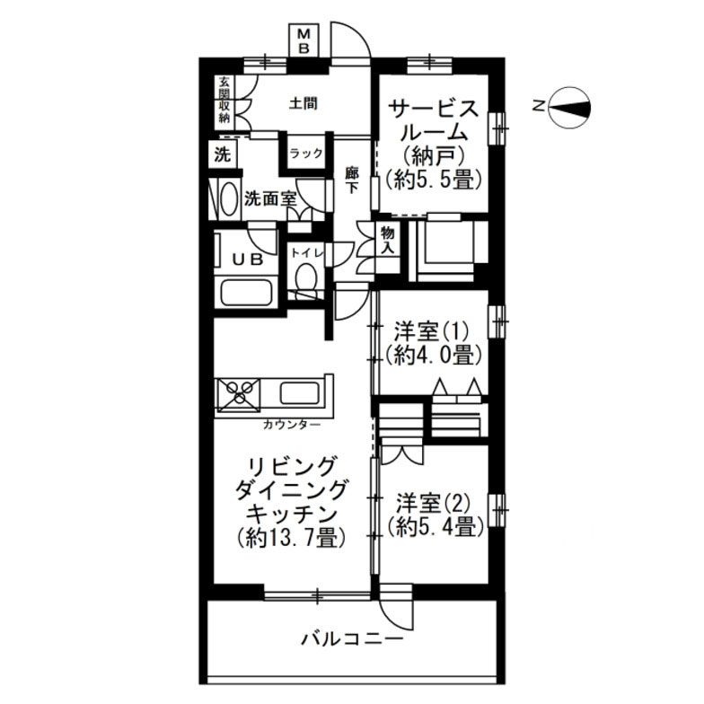 2LDKのマンションの間取りの例