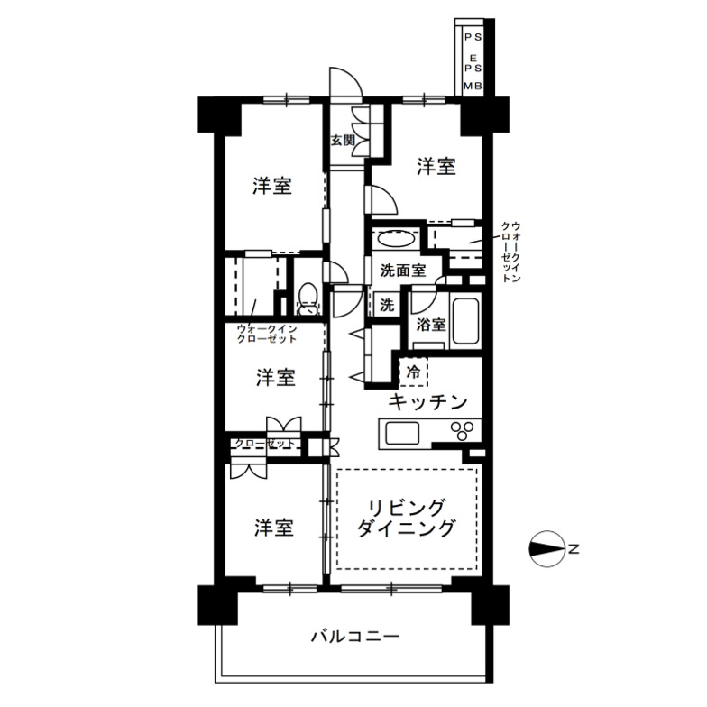 マンション3人暮らし　4LDK間取りの例
