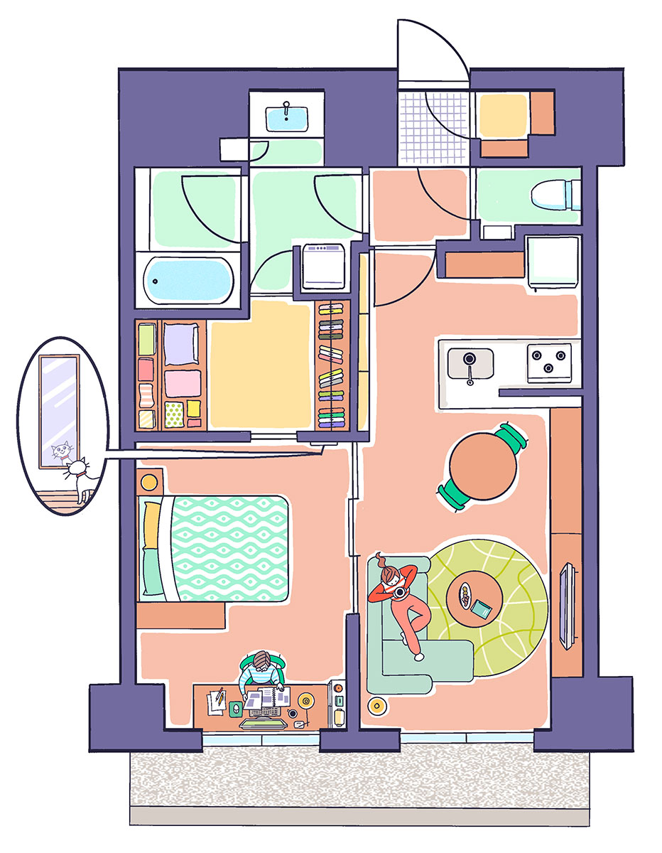 50平米1LDKの間取りと家具のレイアウト例
