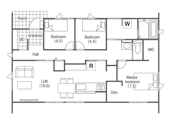 平屋の間取図　27.3坪　施工事例　コンパクトでムダのない造り
