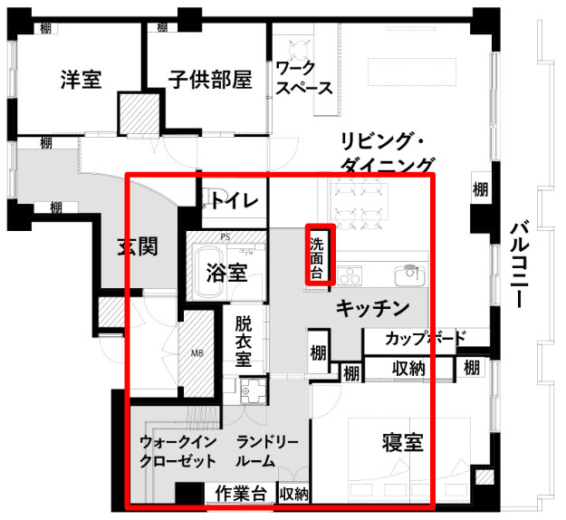 WICとランドリーをつなげた事例の間取り