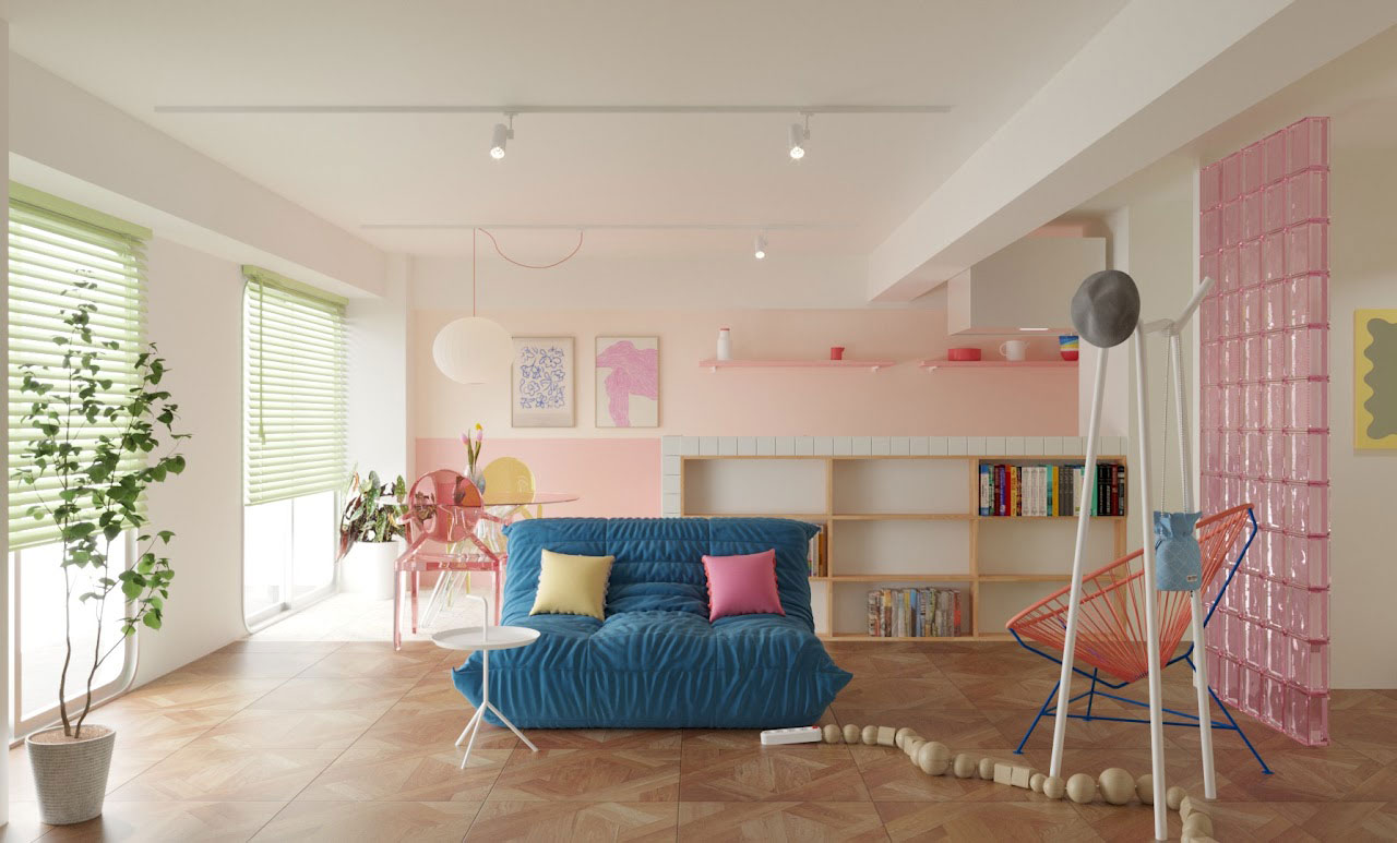 ポップな色を効かせたLDKのインテリアデザイン