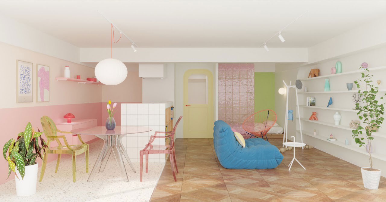 軽やかなアクリル家具を使った韓国っぽいインテリアデザイン