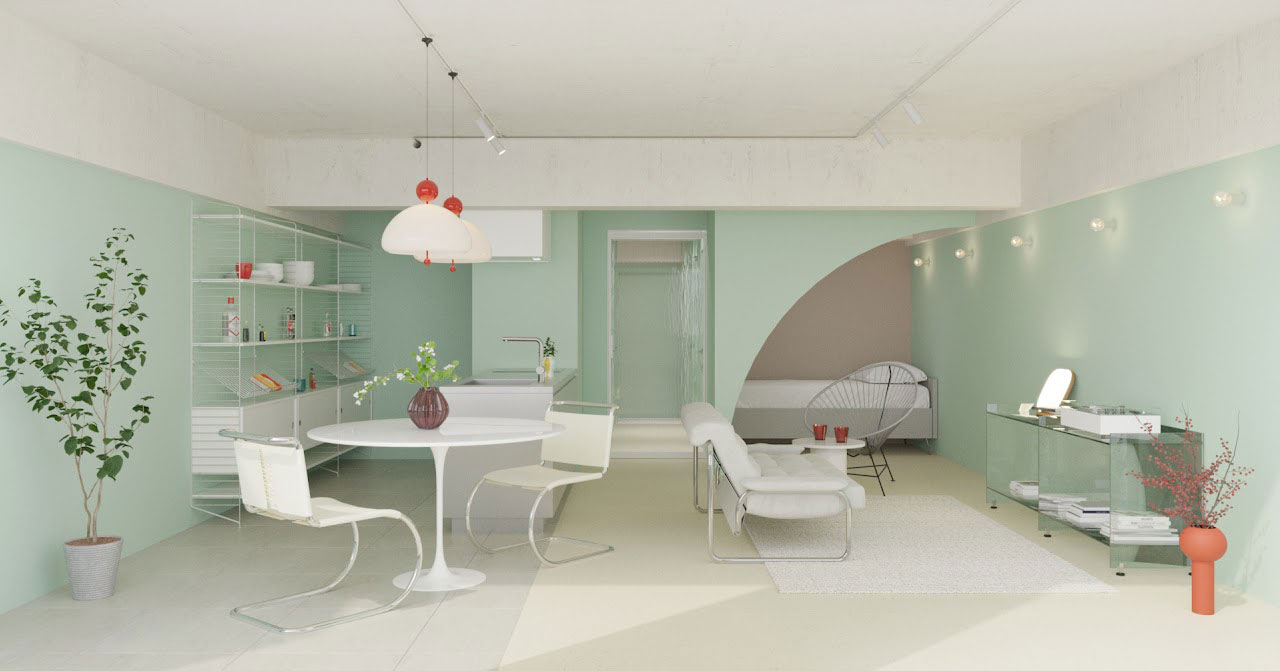 淡色のマーモリウム床が韓国インテリア風のインテリアデザイン