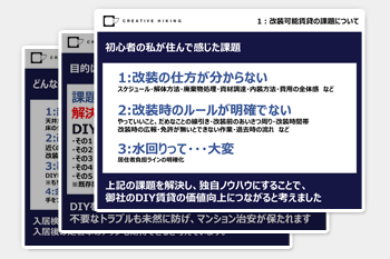 DIYリノベした物件の価値を高めるべく、Yさん自ら資料を作成し不動産会社とオーナーに働きかけを実施