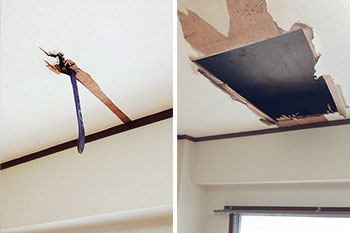 天井にバールで穴をあけてクロスと合板をめくるように剥がし、構造躯体のコンクリートをむき出しにする