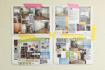 参考写真を壁に貼って、DIYを手伝ってくれる大家さんや妹たちに完成イメージを共有してもらいながら作業を行った