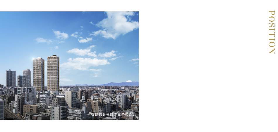 POSITION　「武蔵小杉」駅徒歩3分（サウス） × 駅北側の穏やかな街並み　東側遠景外観完成予想CG
