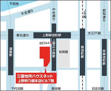 【店舗地図】最寄駅は都営大江戸線「上野御徒町」駅、東京メトロ銀座線「上野広小路」駅で、A4出口が便利です