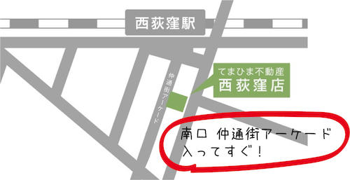 【てまひま不動産西荻窪店】JR中央線「西荻窪」駅、南口をでてすぐ、仲道街アーケード内に店舗がございます。