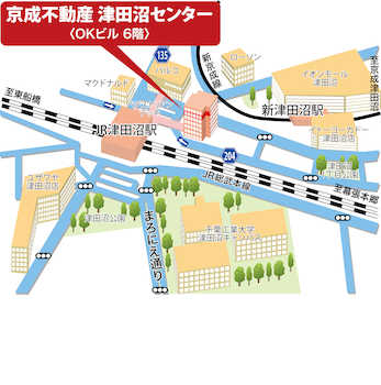 JR津田沼駅北口から徒歩１分、ペデストリアンデッキ直通のOKビル６階です。