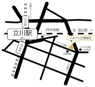 JR中央線「立川駅」南口を出てから徒歩7分。階段を下りて頂き道なりに進みますと左手にナンコードー錦町店が見えてきます。左手にある階段を上って頂き3階が弊社となります。