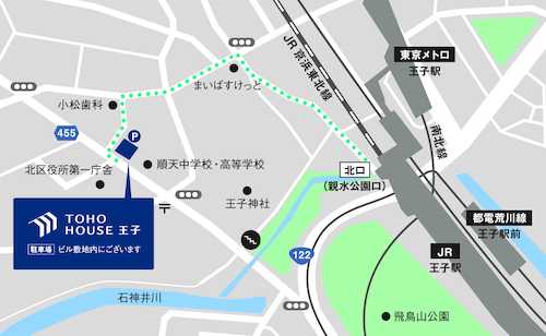 京浜東北線・南北線「王子駅」より徒歩５分目印は、本郷通り沿いにある青い門構えのガラス張りのビルです。目の前の北区役所、隣に順天中学校・高等学校、王子神社などがあります。