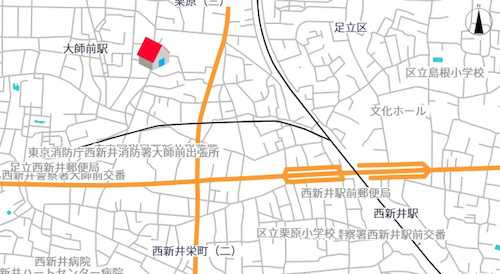 【店舗までの広域地図】当社は、東武大師線「大師前駅」から徒歩4分の場所にございます！関東三大厄除大師で有名な西新井大師のすぐ近くです♪