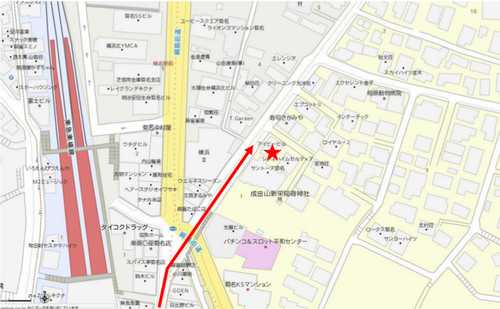 東急東横線『菊名』駅徒歩2分。駅から徒歩のルートです。横浜銀行の斜向かいに位置しております。
